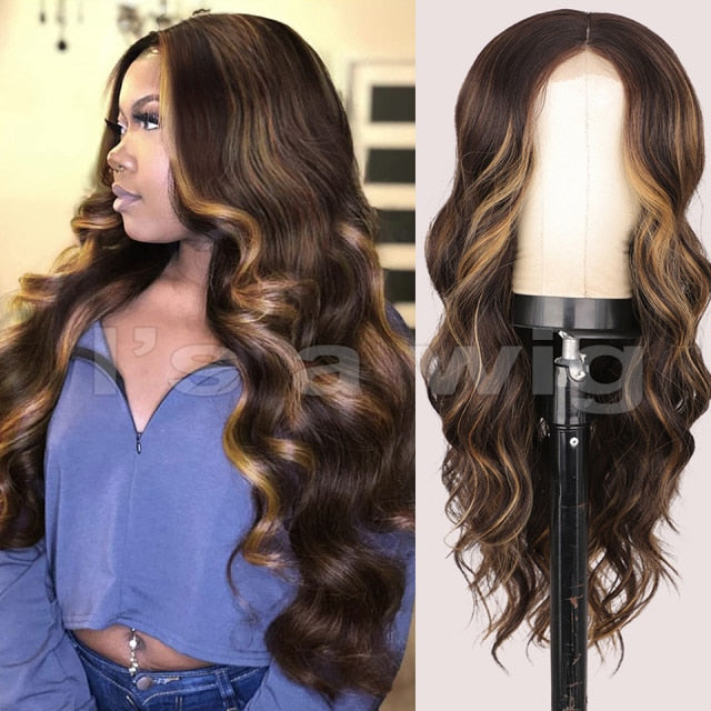 Highlight Wig Long Body Wave Synthetic Wigs Heat Resistant Fiber