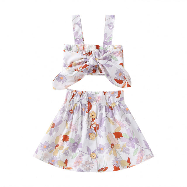 Baby Girls Sweet Clothes Sets 2pcs Flowers Printed Strap Sleeveless Bowknot Skirts