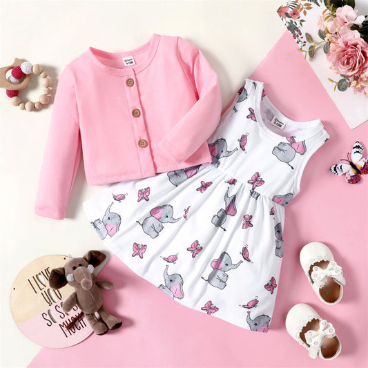 2pcs Baby Girl Pink Long-sleeve Dress Set