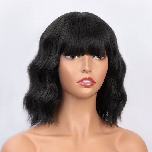 Synthetic Short Wavy Wig with Bangs Black Synthetic Wigs