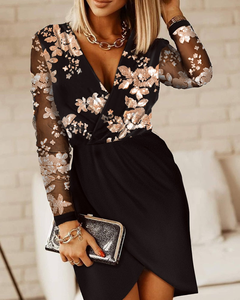 Sequin Sheer Mesh Mini Bodycon Dress