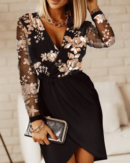 Sequin Sheer Mesh Mini Bodycon Dress