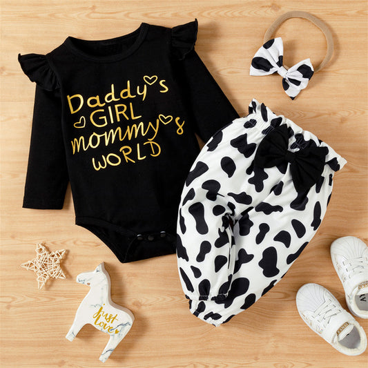 3pcs Baby Girl Letter and Cow Print White Long-sleeve Romper Set