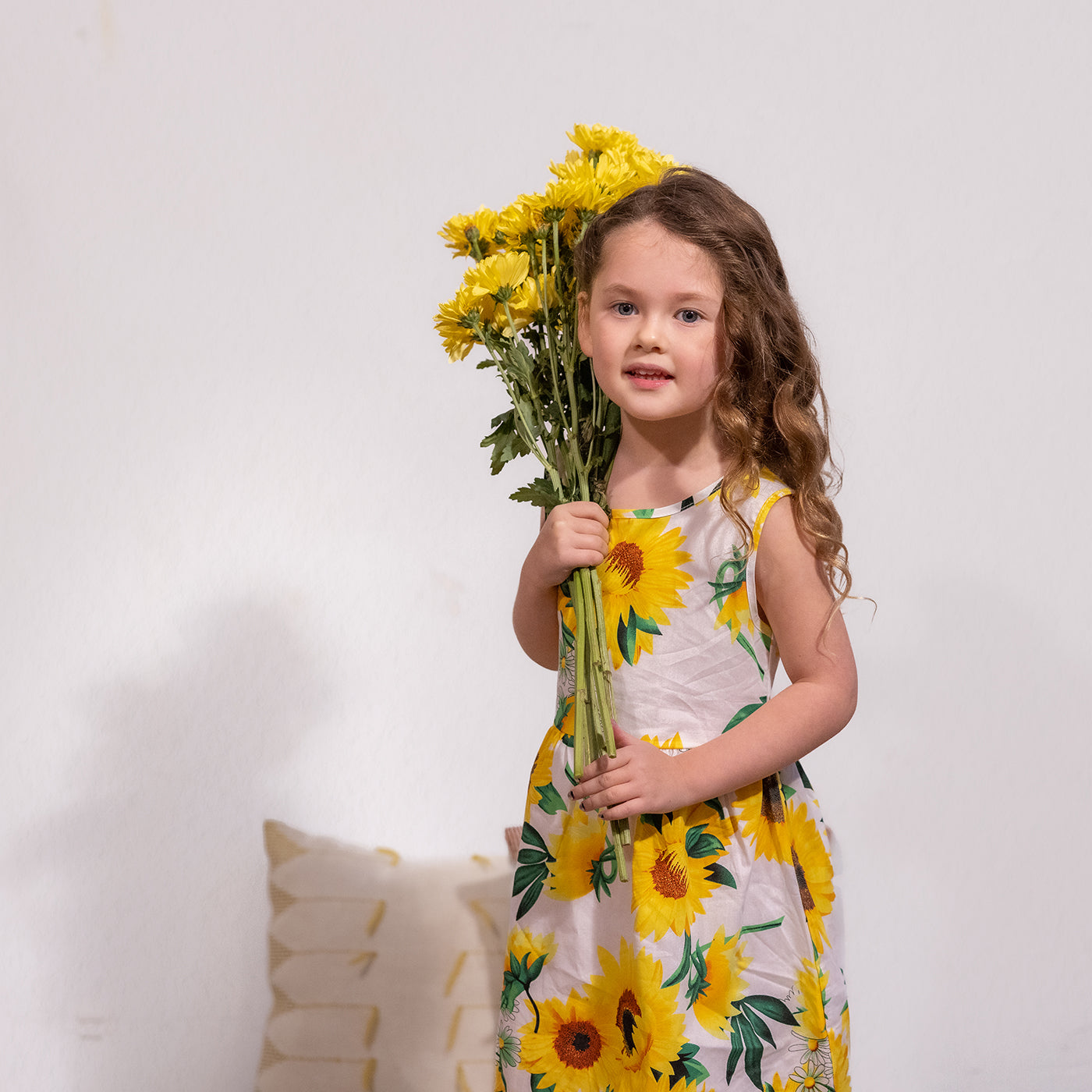 Girl Sunflower Print Bowknot Sleeveless Dress