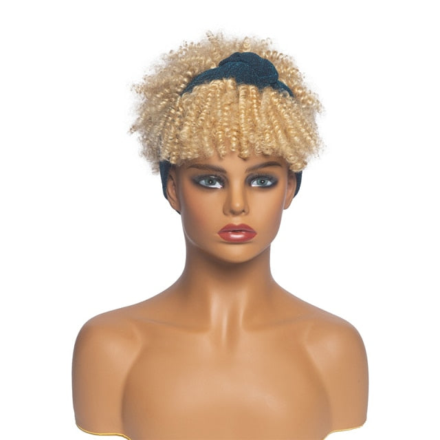 Women Afro Curls Blonde Wigs with Scarf Natural Curly Cosplay Wig Synthetic Hair