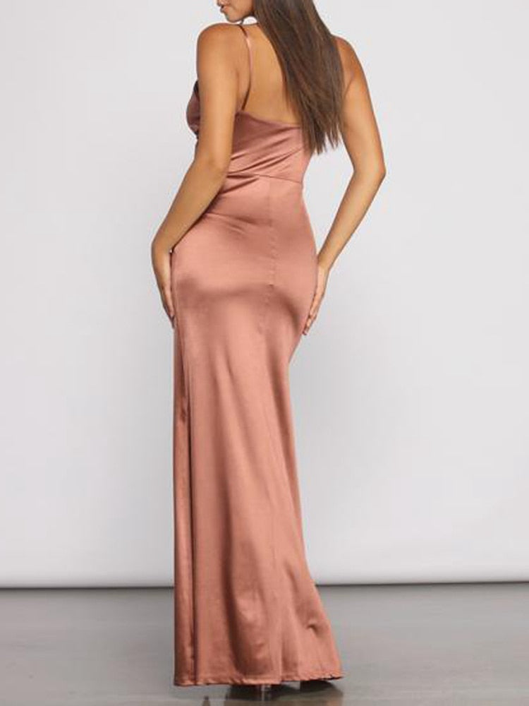 Sexy V Neck Sleeveless Satin Maxi Dress