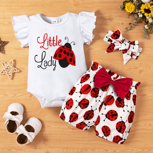 PatPat 3pcs Baby Girl Letter Print Ruffle Sleeve Romper with Ladybugs Print Shorts and Headband Set