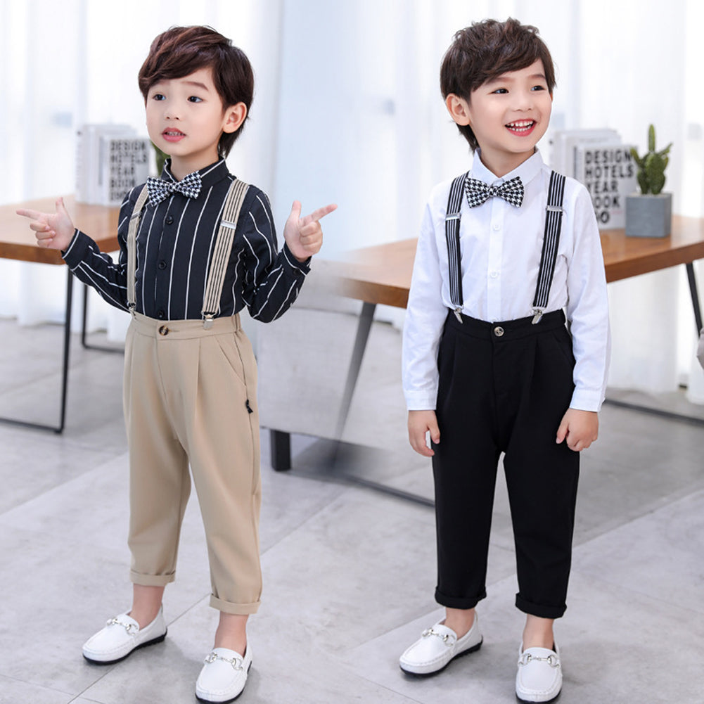 Toddler Kids Boys Dress Shirt with Bowtie + Suspender Pants Set