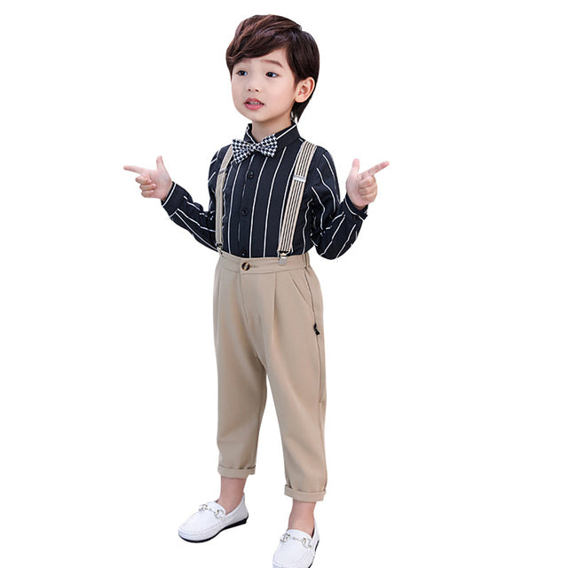 Toddler Kids Boys Dress Shirt with Bowtie + Suspender Pants Set