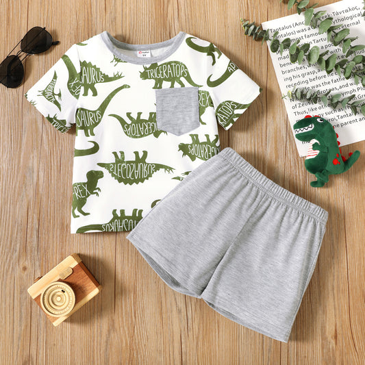 2-piece Toddler Boy Animal Dinosaur Letter Print Tee Set