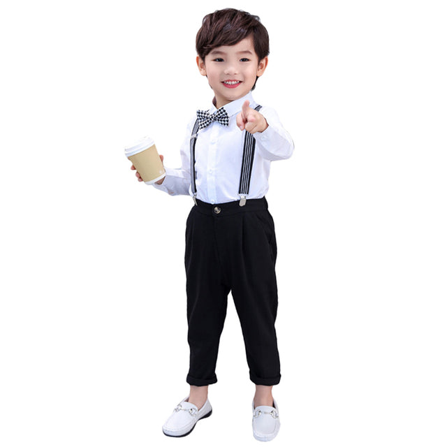 Toddler Kids Boys Dress Shirt with Bowtie + Suspender Pants Set