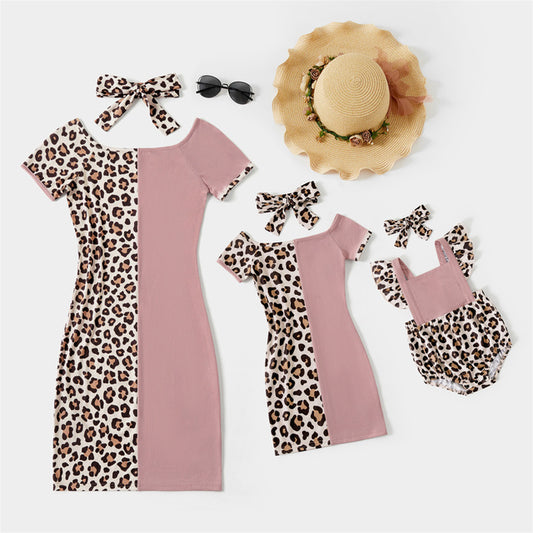 Leopard Splice Short-sleeve Matching  Midi Dresses