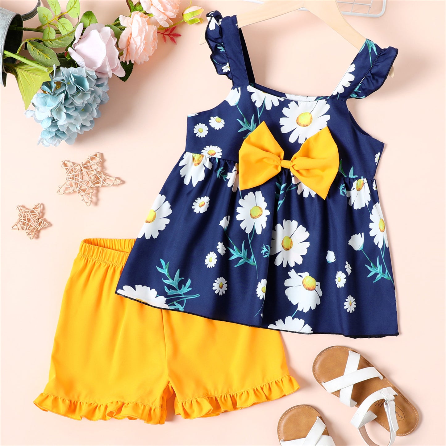 2-piece Kid Girl Floral Print Bowknot Set