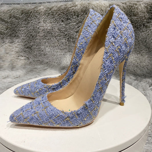 Blue Plaid Woodmen Fabric Pointy Toe High Heel Shoes