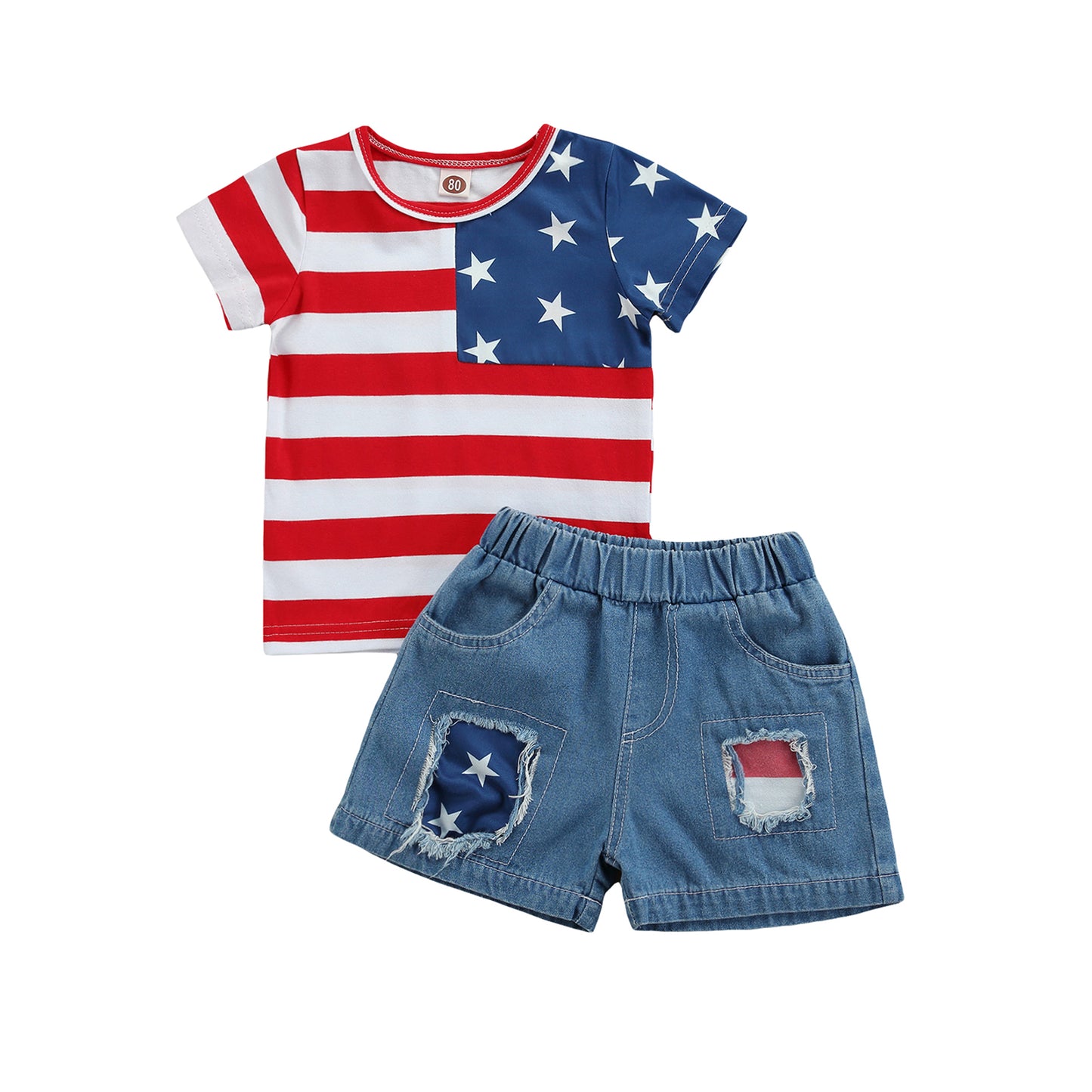 Boys Clothes Set Striped Short Sleeve T-shirt + Ripped Short 2pcs Outfits