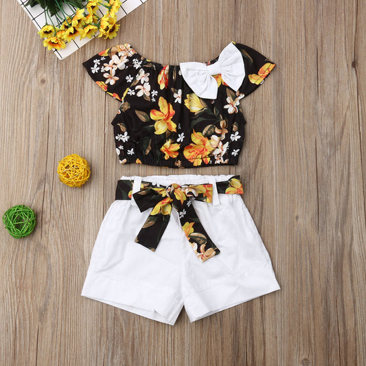 Summer Floral Top T-shirt Solid Short Pant 2pcs Outfits Set