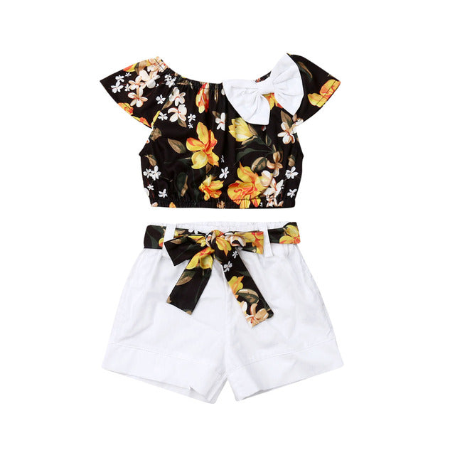 Summer Floral Top T-shirt Solid Short Pant 2pcs Outfits Set