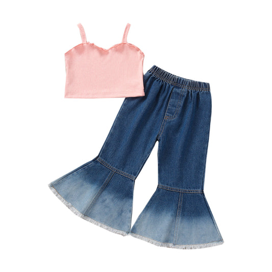 2pcs Solid Strap Sleeveless Vest Tops Denim Flare Pants