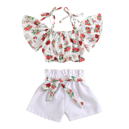 Flowers Printed Off Shoulder Short Sleeve Belt T Shirts Shorts