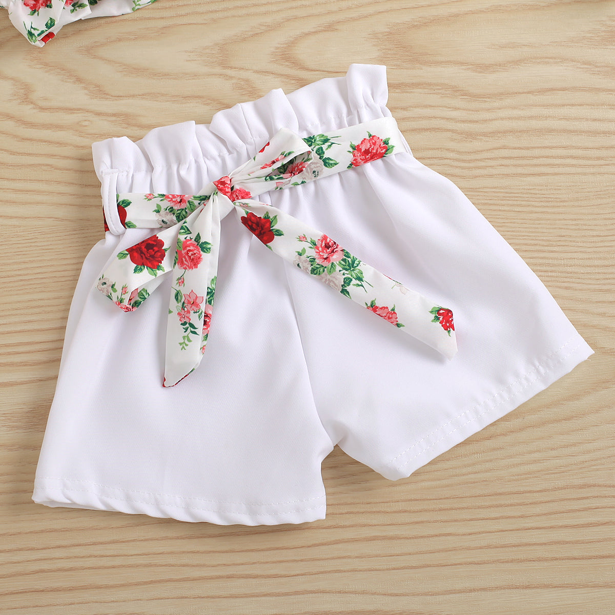 Flowers Printed Off Shoulder Short Sleeve Belt T Shirts Shorts