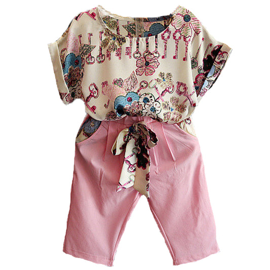 Graffiti Short-sleeve T-shirt + pink harem Pants 2pcs