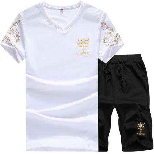 men's V-neck embroidery T-shirt set