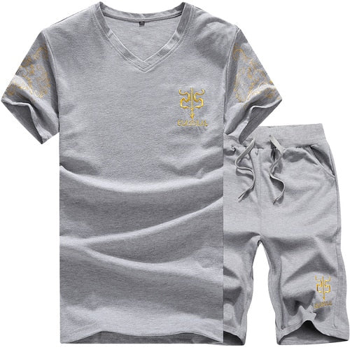 men's V-neck embroidery T-shirt set